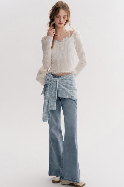 Lazy Plaid High-Waisted Bootcut Jeans