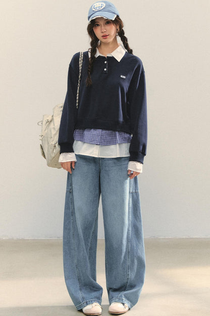 Loose Polo Collar Sweatshirt Top