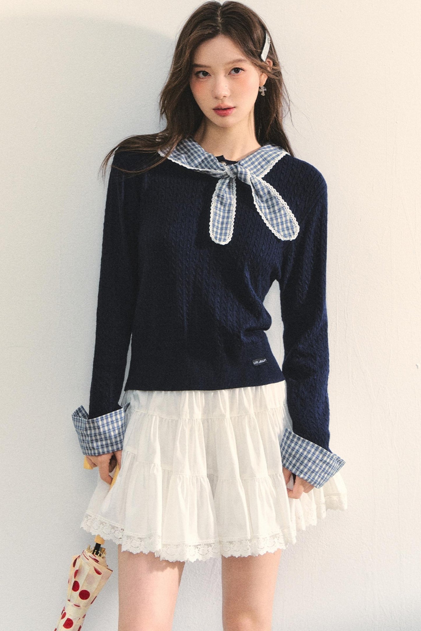 Contrast Plaid Panel Knit Sweater