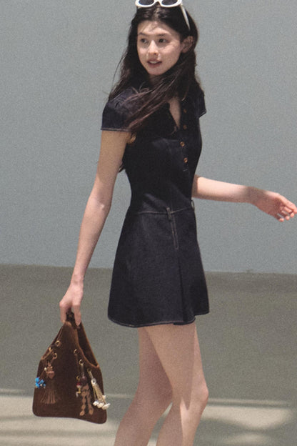 Summer Cicadas Denim V-Neck Waist Dress