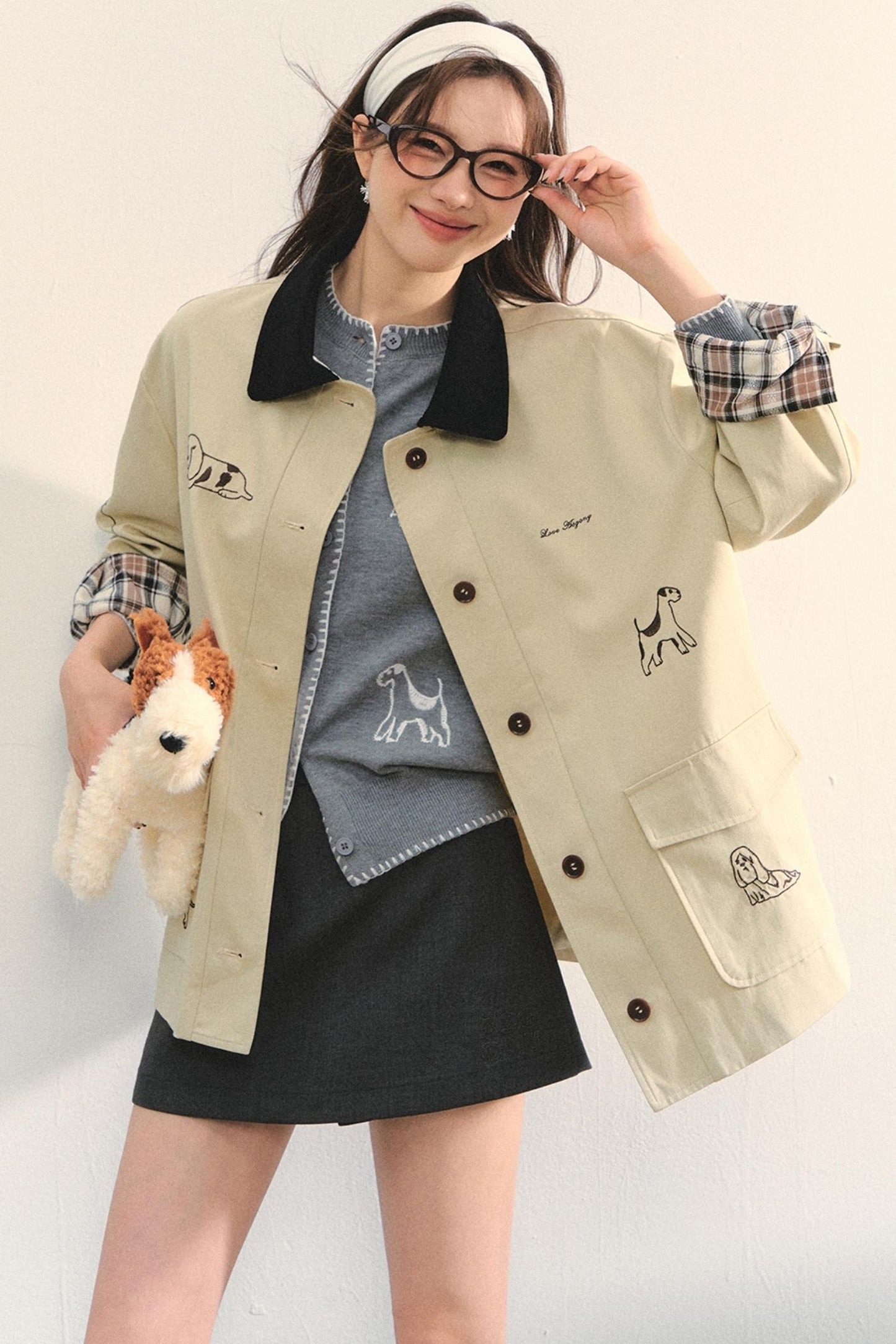 Vintage Puppy Embroidered Trench Coat