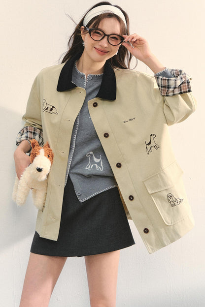 Vintage Puppy Embroidered Trench Coat