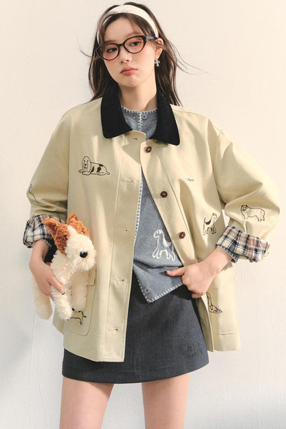 Vintage Puppy Embroidered Trench Coat
