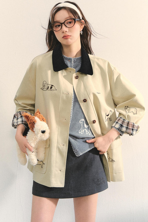 Vintage Puppy Embroidered Trench Coat