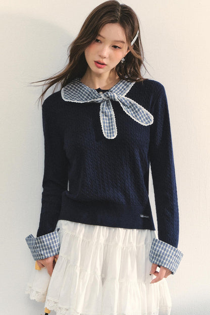 Contrast Plaid Panel Knit Sweater