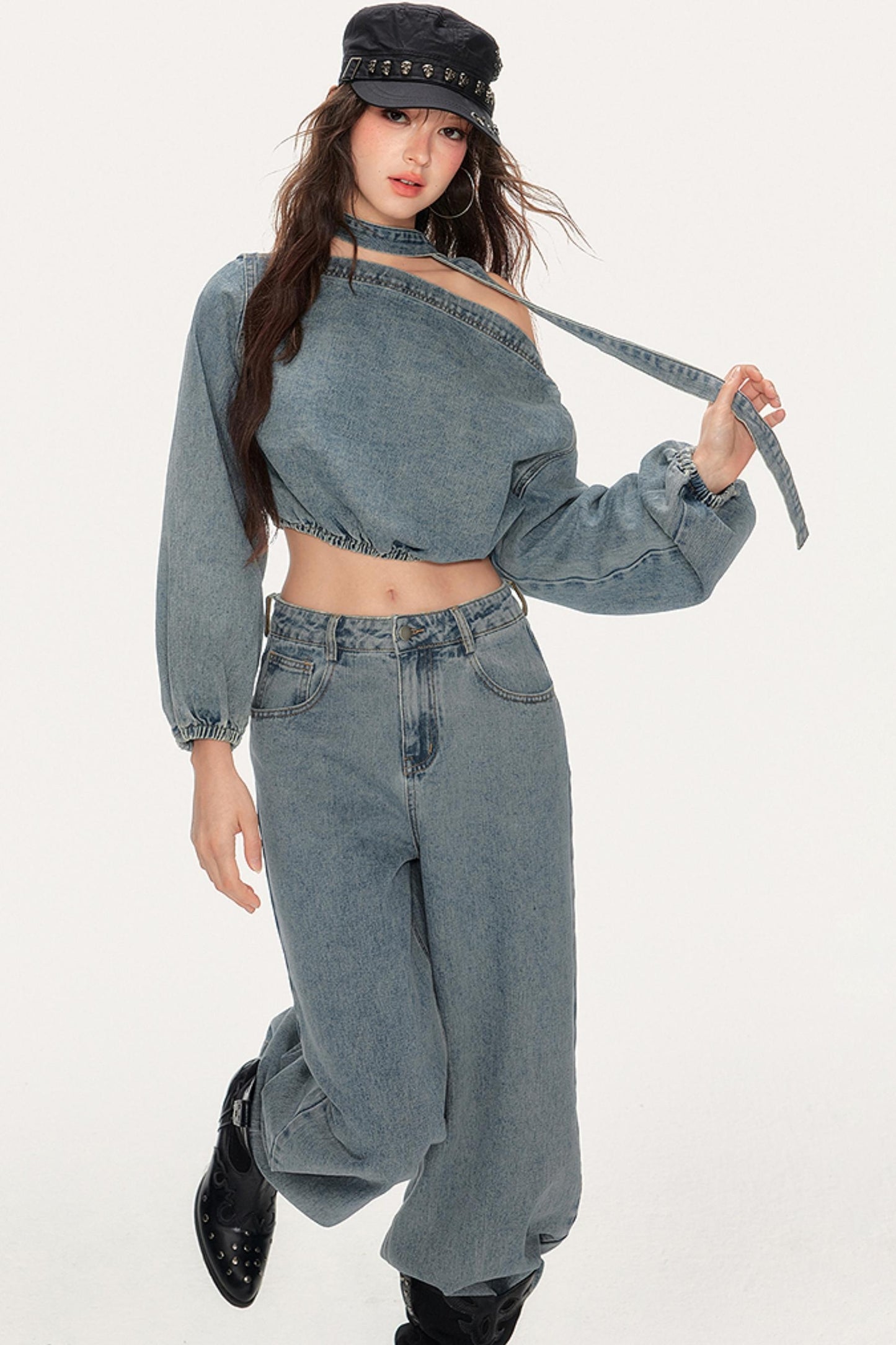 Asymmetrical Puff Sleeve Denim Pants Set