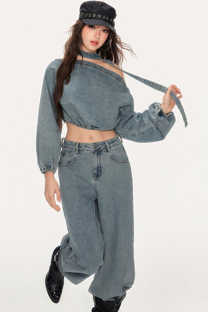 Asymmetrical Puff Sleeve Denim Pants Set