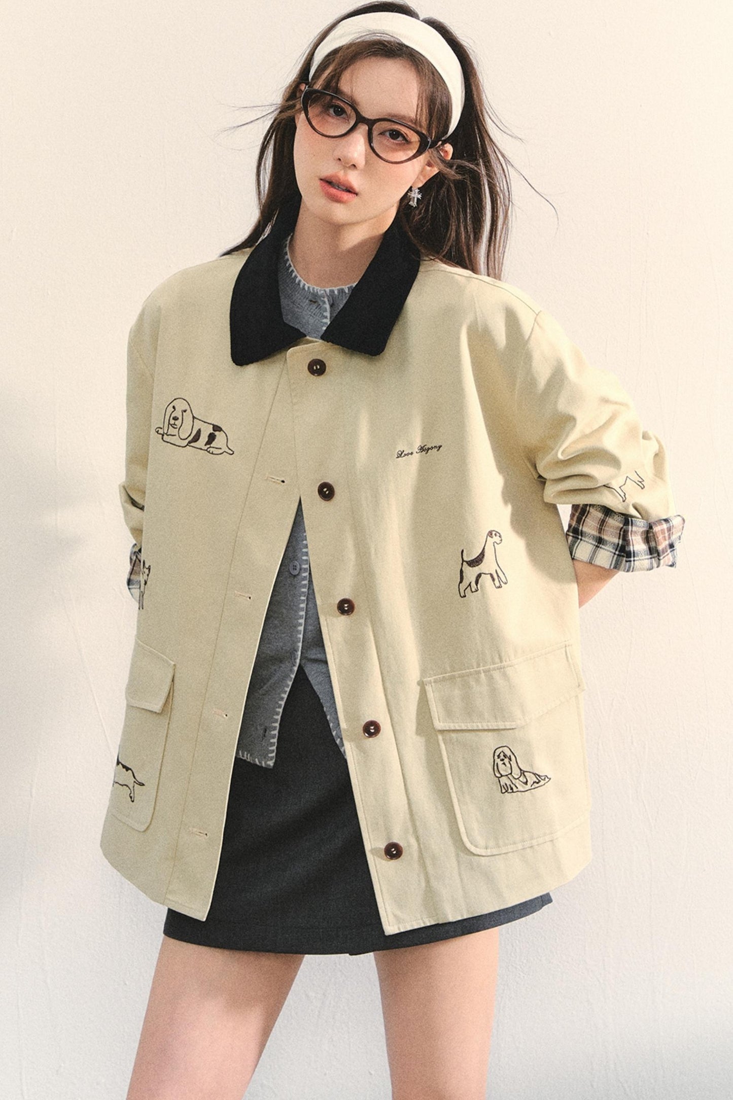 Vintage Puppy Embroidered Trench Coat