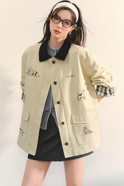 Vintage Puppy Embroidered Trench Coat