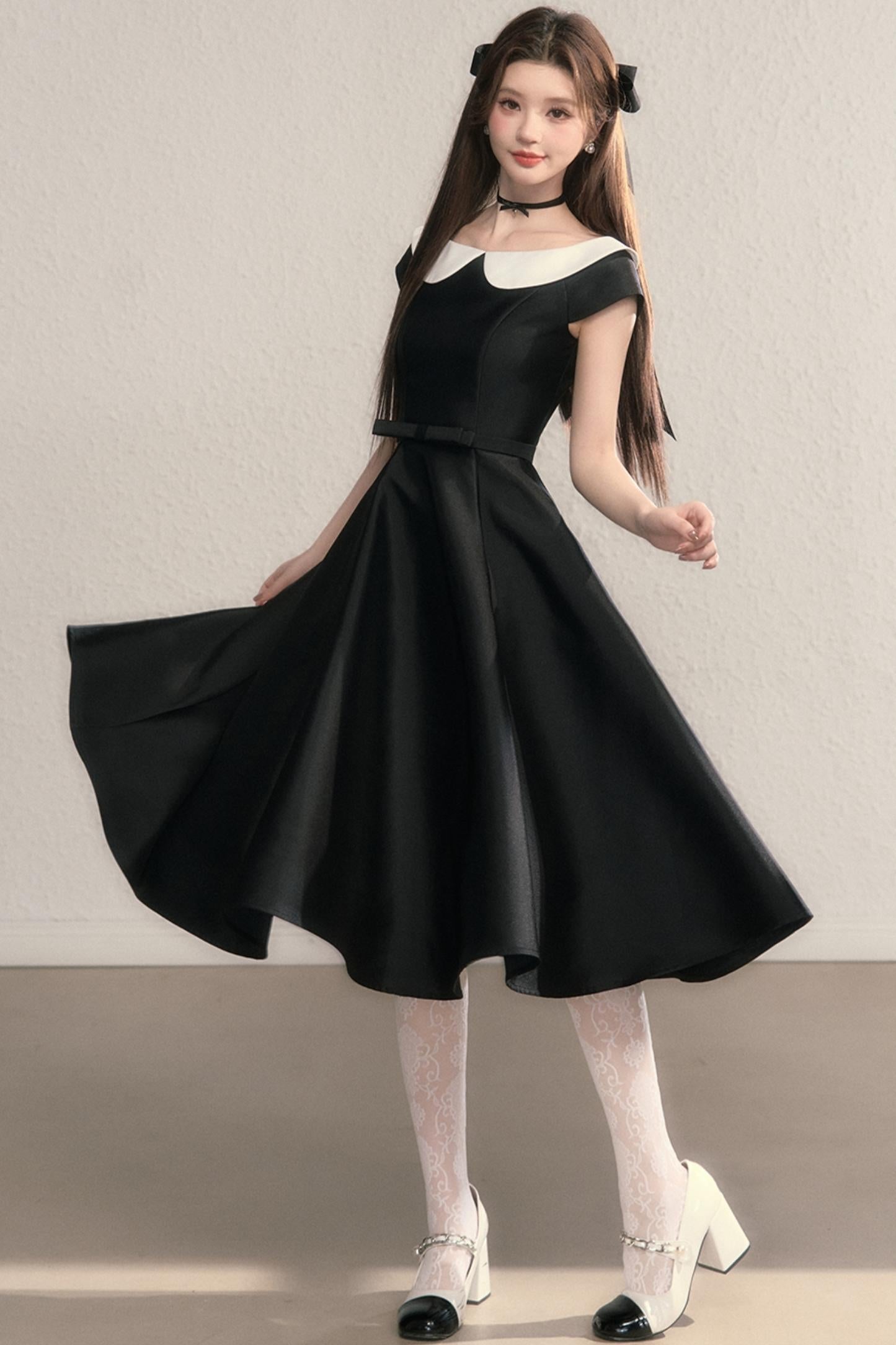 French Temperament Waist Cinched Doll Neck Dress
