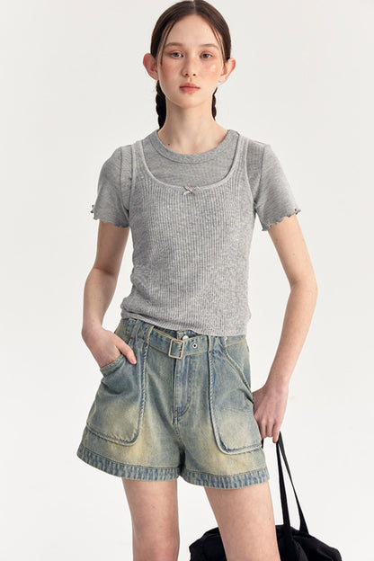 Bow Knit Vest With T-Shirt Set-Up