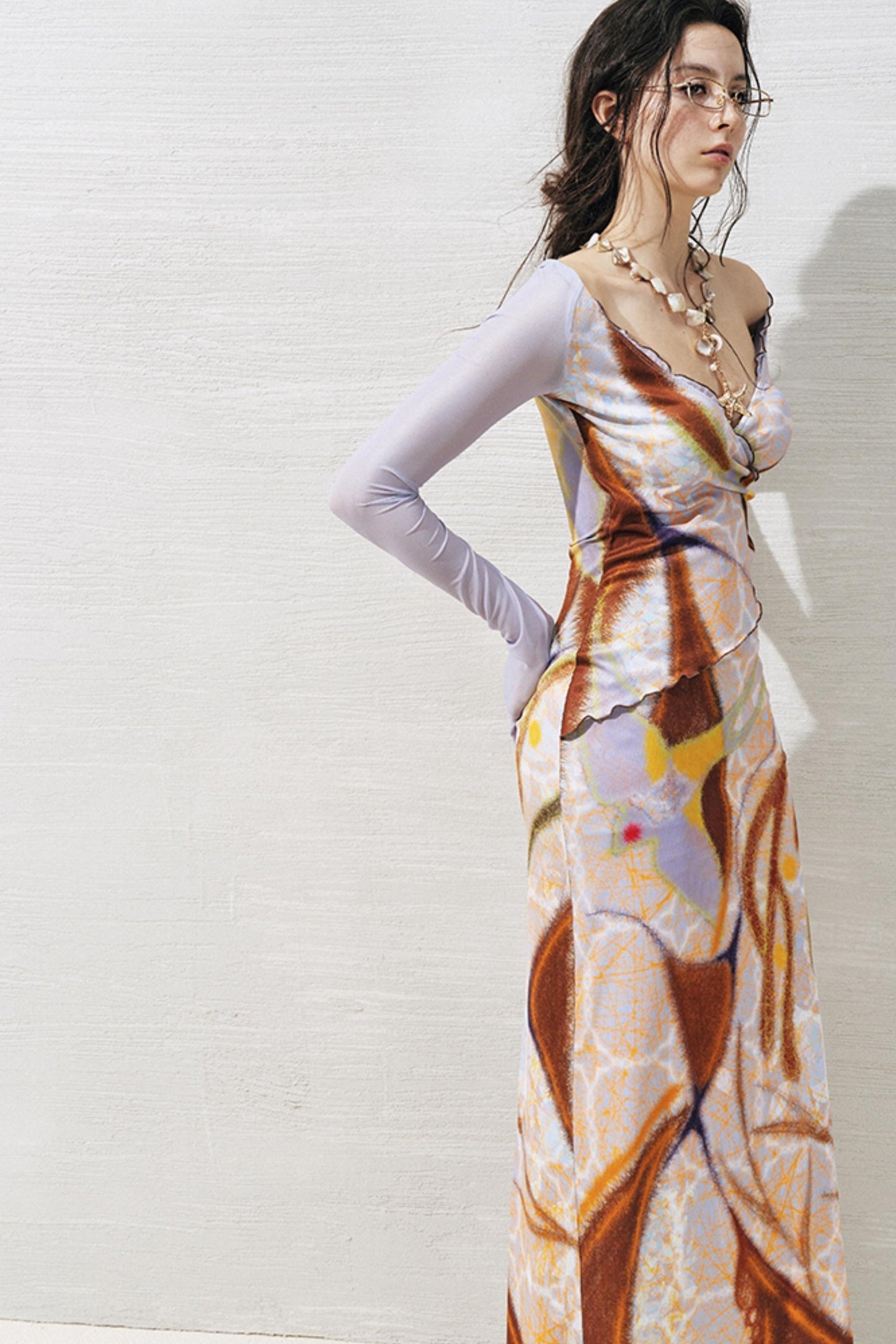 Rosewood Geometric V-Neck Long Sleeve Dress