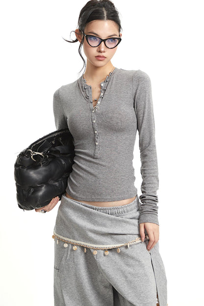 Vintage Grey V-Neck Long Sleeve T-Shirt