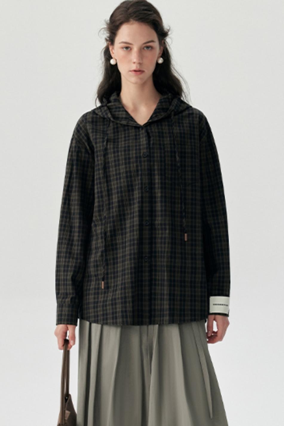Contrast Check Hooded Shirt