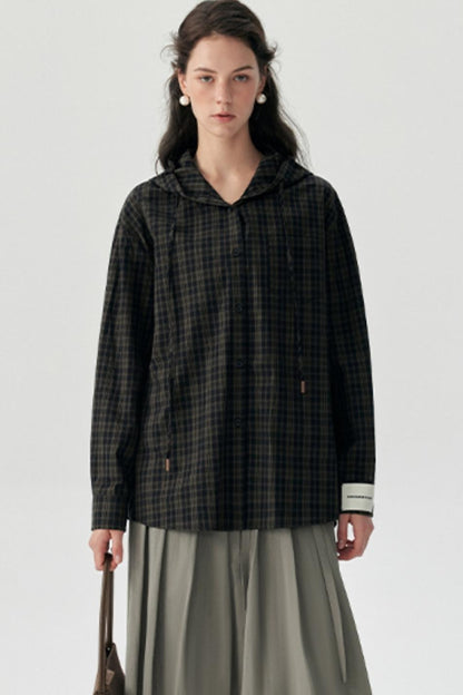 Contrast Check Hooded Shirt