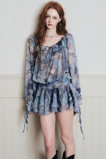 Rhythmic Ruffles Denim Drawstring Shirt Dress