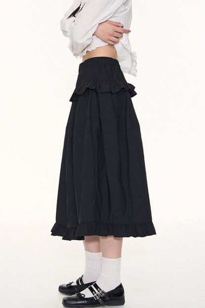 Ruffled Midi A-line Umbrella Skirt