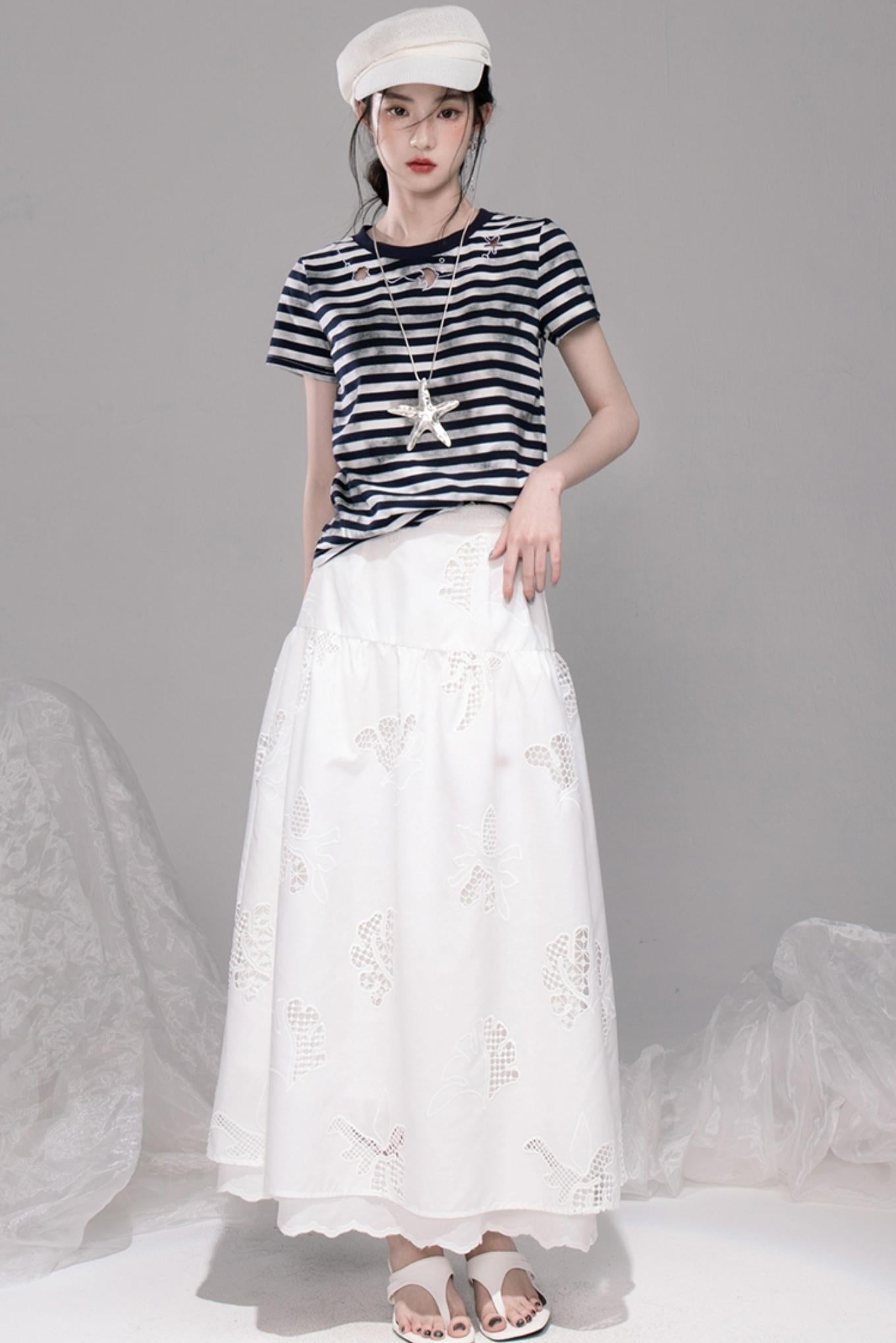 Navy Embroidered Striped T-shirt