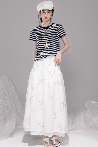 Navy Embroidered Striped T-shirt