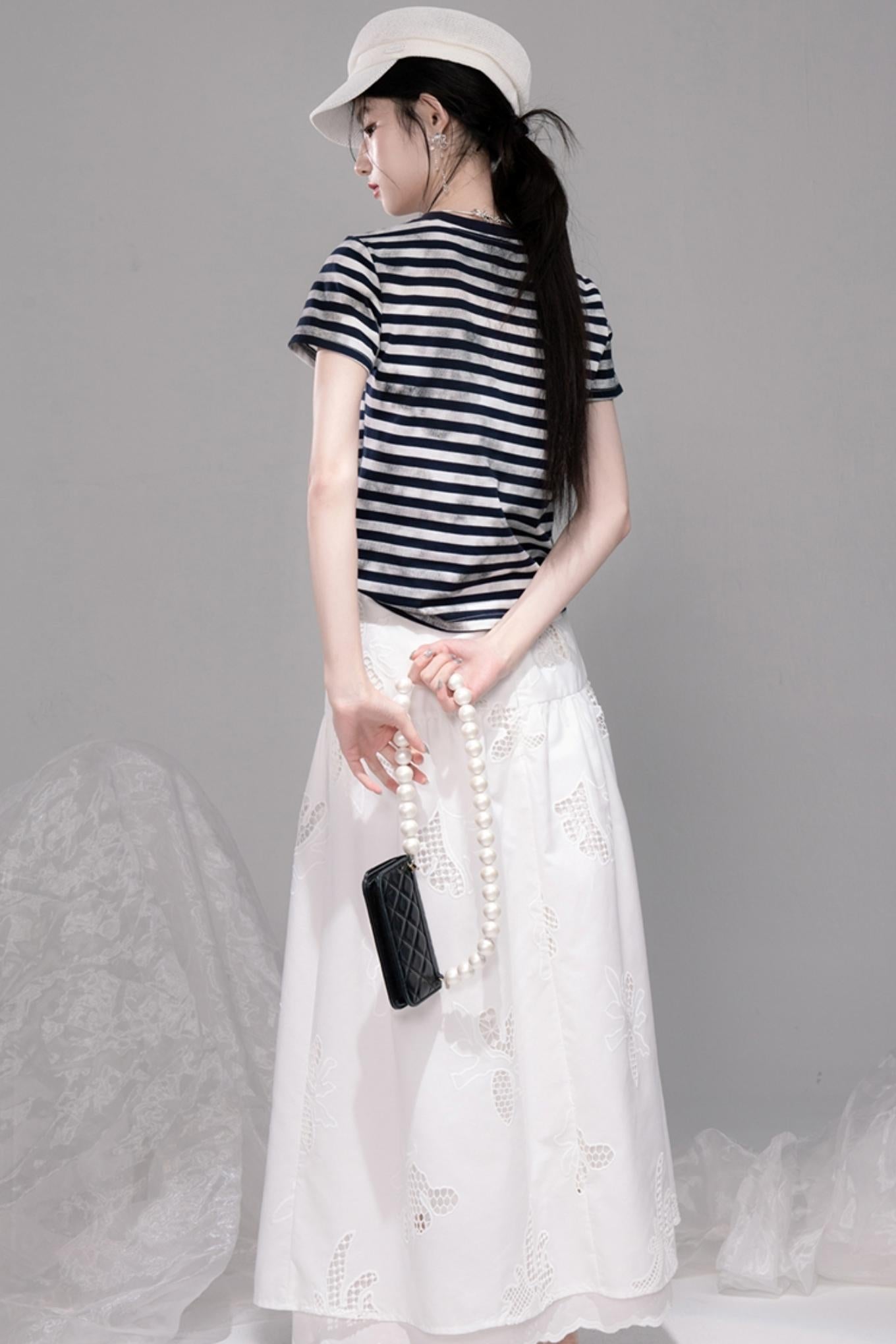 Navy Embroidered Striped T-shirt