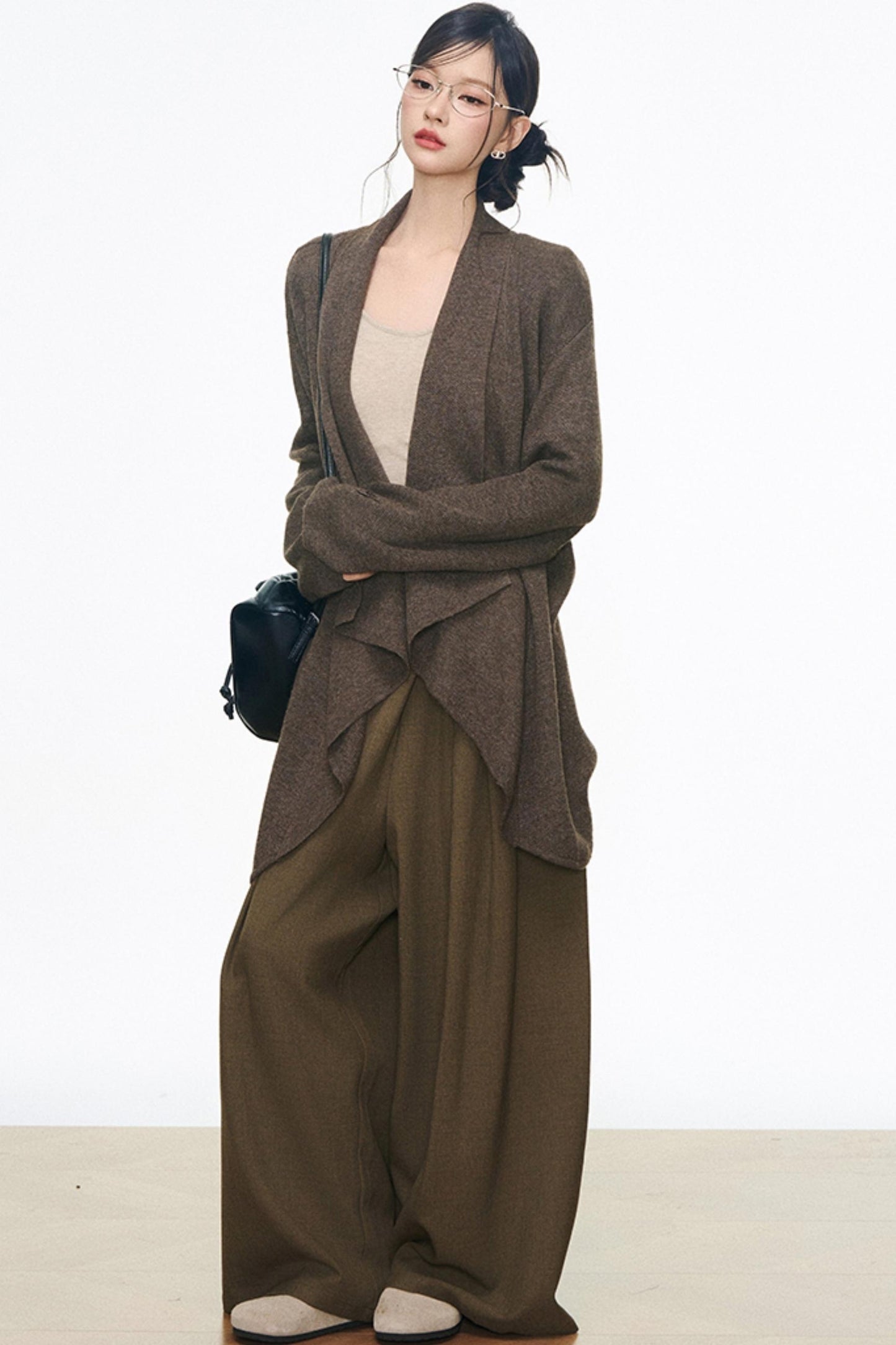 Mid-Length Sweater Cardigan Base Layer Wide-Leg Pants Set-Up
