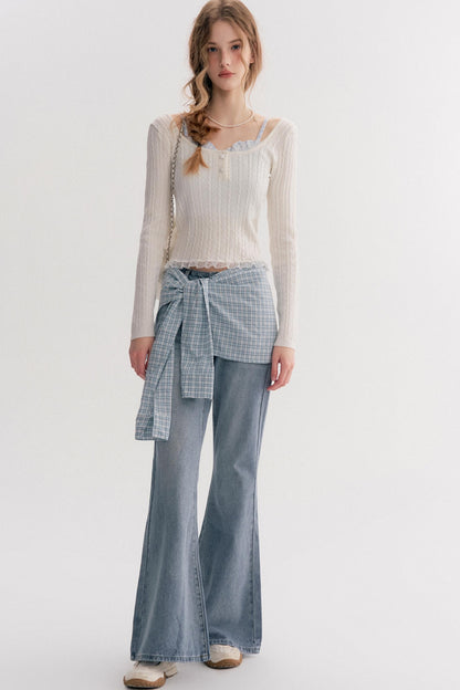 Lazy Plaid High-Waisted Bootcut Jeans