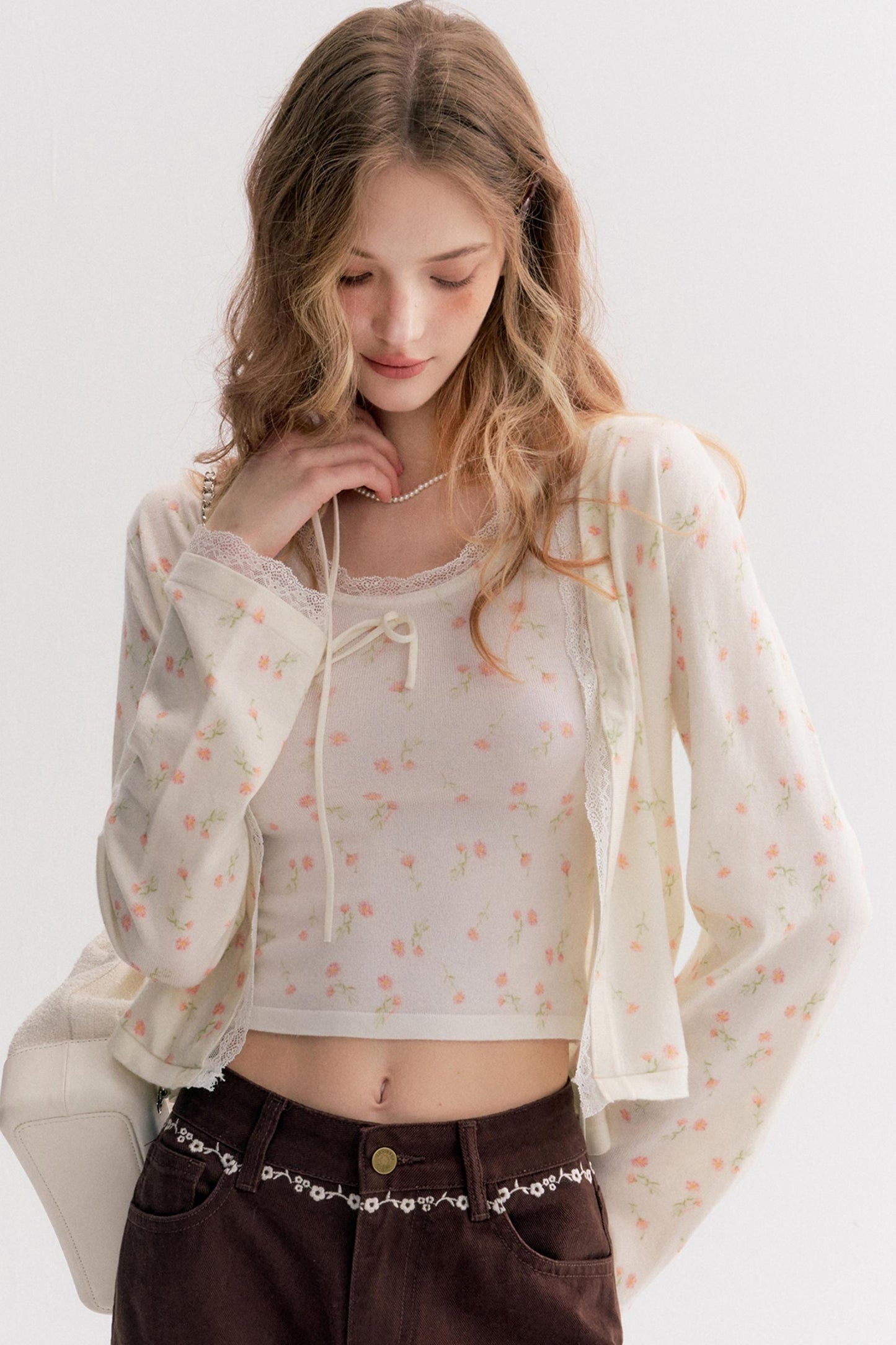 Rich Chocolate Floral Embroidery Wide-Leg Jeans