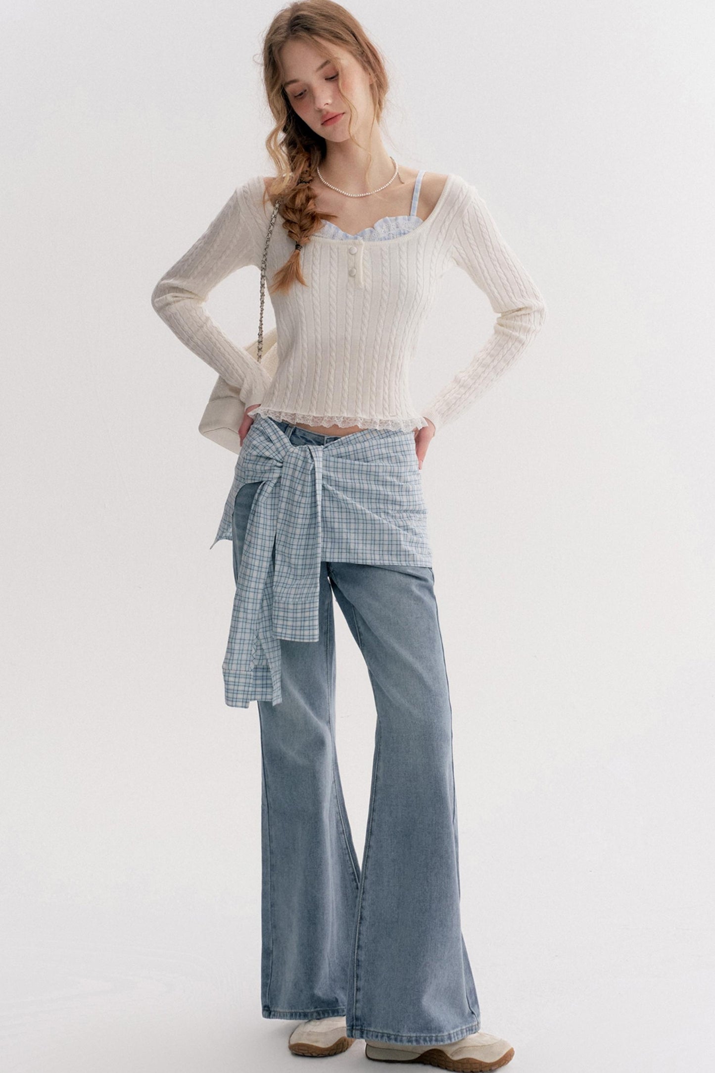 Lazy Plaid High-Waisted Bootcut Jeans