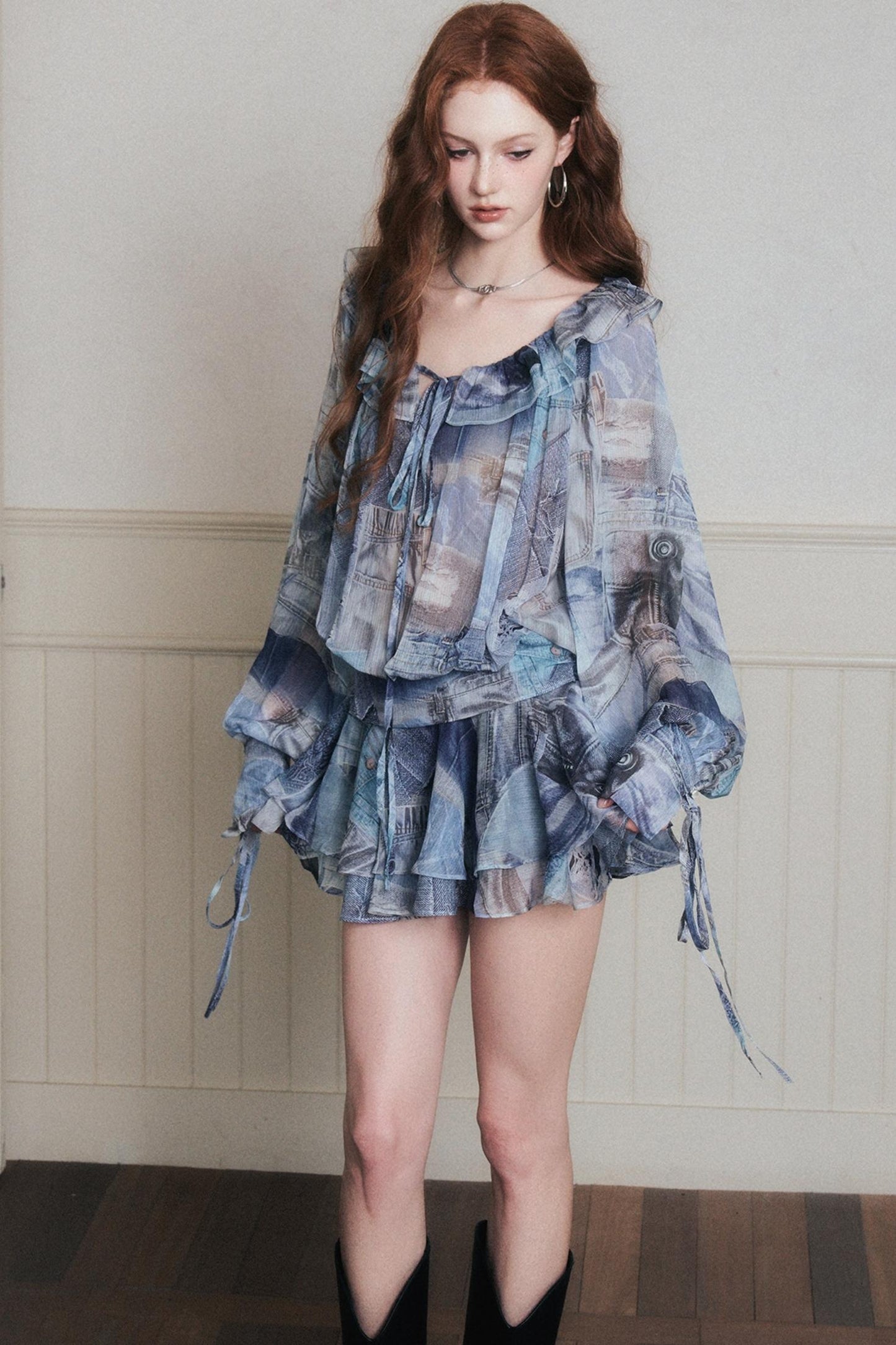 Rhythmic Ruffles Denim Drawstring Shirt Dress