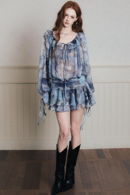 Rhythmic Ruffles Denim Drawstring Shirt Dress