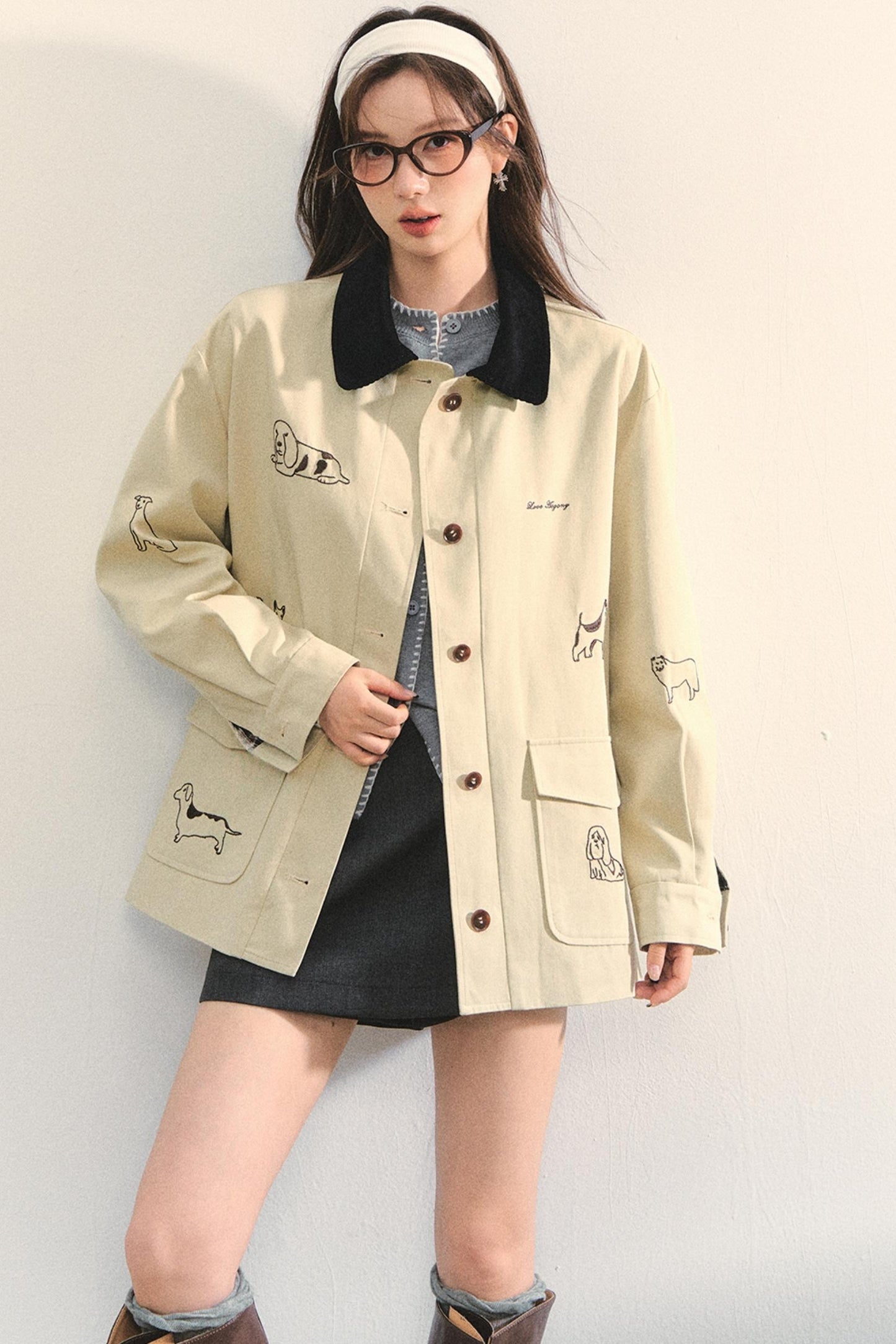 Vintage Puppy Embroidered Trench Coat