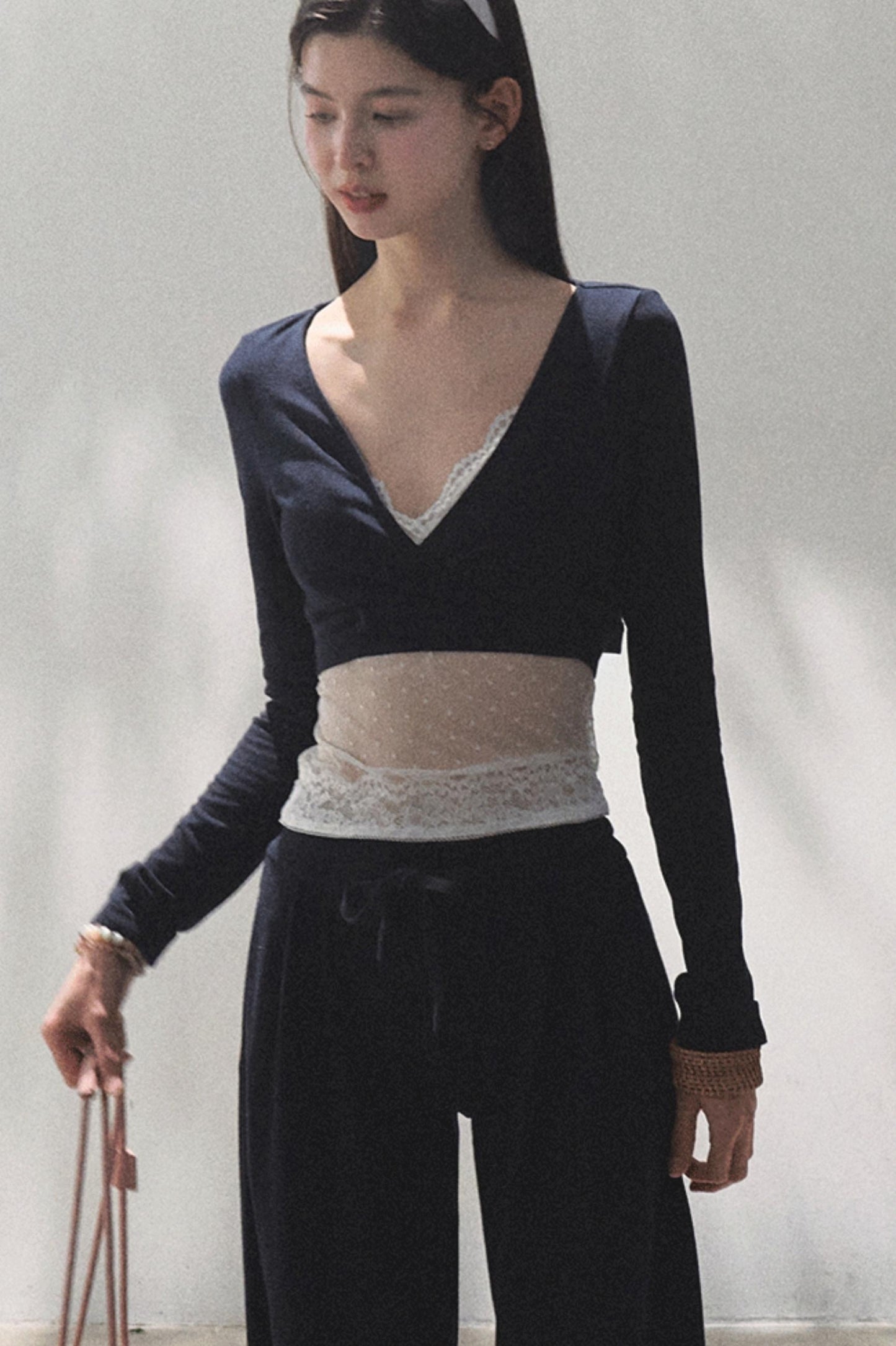 Lace-Up Top & Wide Leg Pants Set-Up