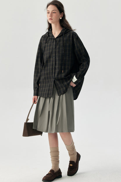 Contrast Check Hooded Shirt