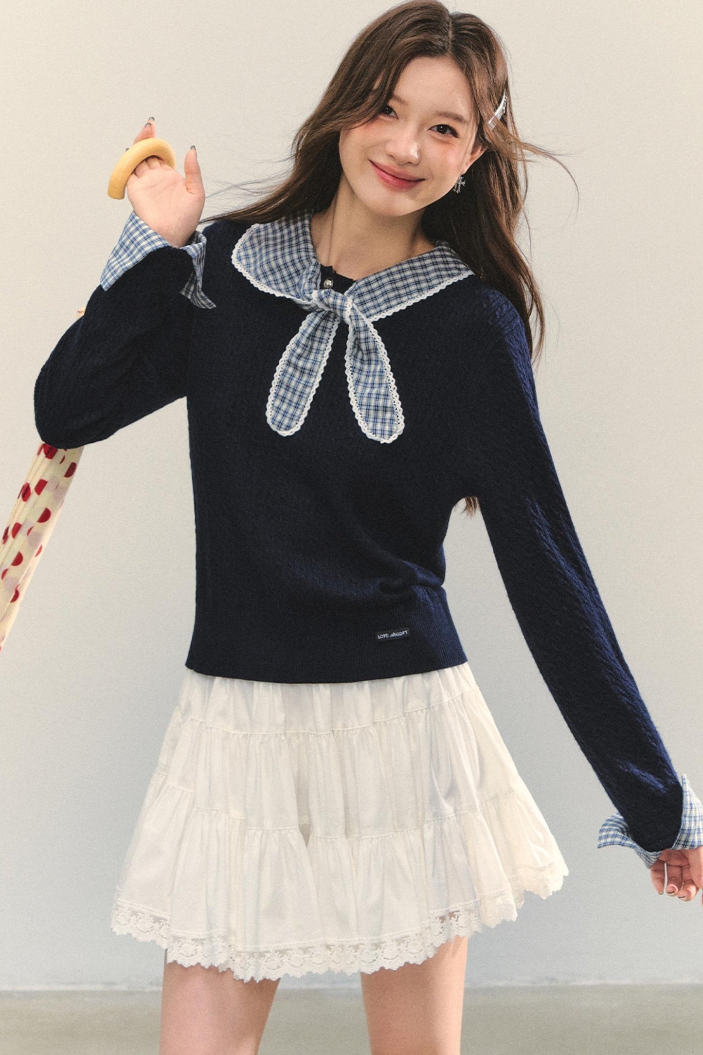 Contrast Plaid Panel Knit Sweater