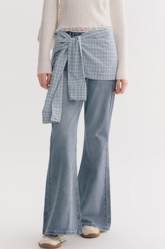 Lazy Plaid High-Waisted Bootcut Jeans