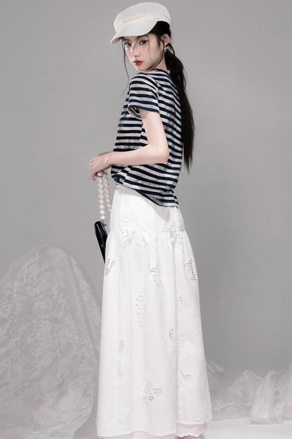 Navy Embroidered Striped T-shirt