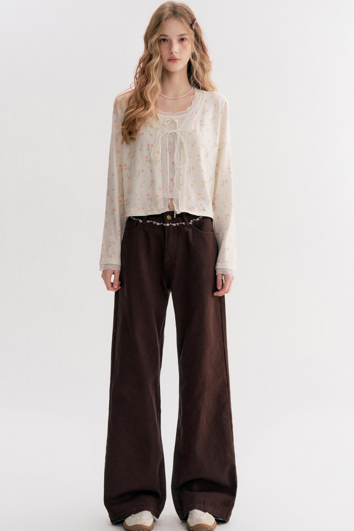 Rich Chocolate Floral Embroidery Wide-Leg Jeans