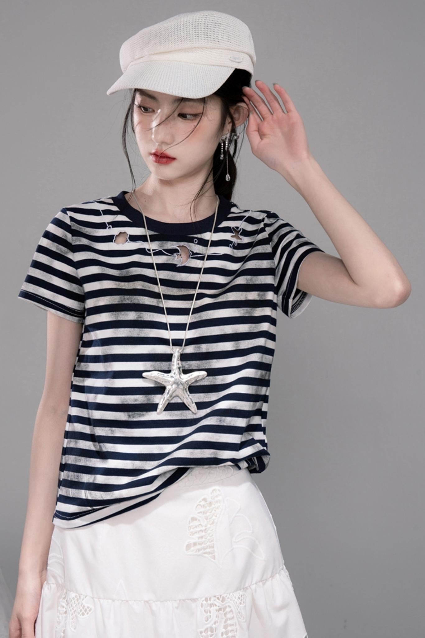 Navy Embroidered Striped T-shirt
