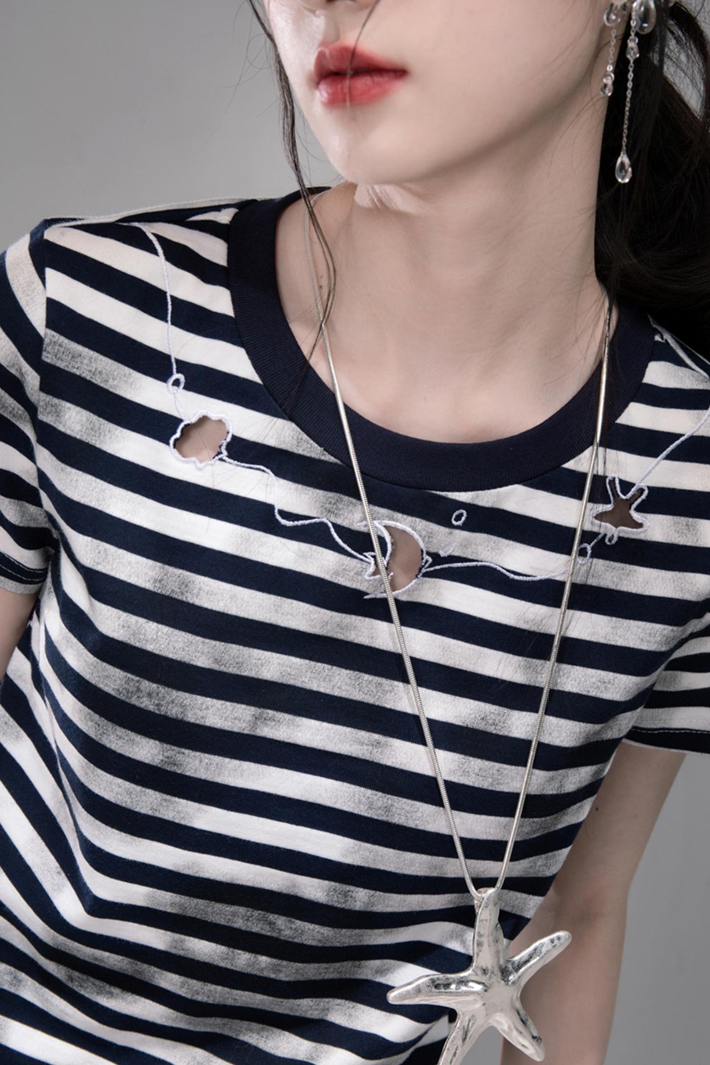 Navy Embroidered Striped T-shirt