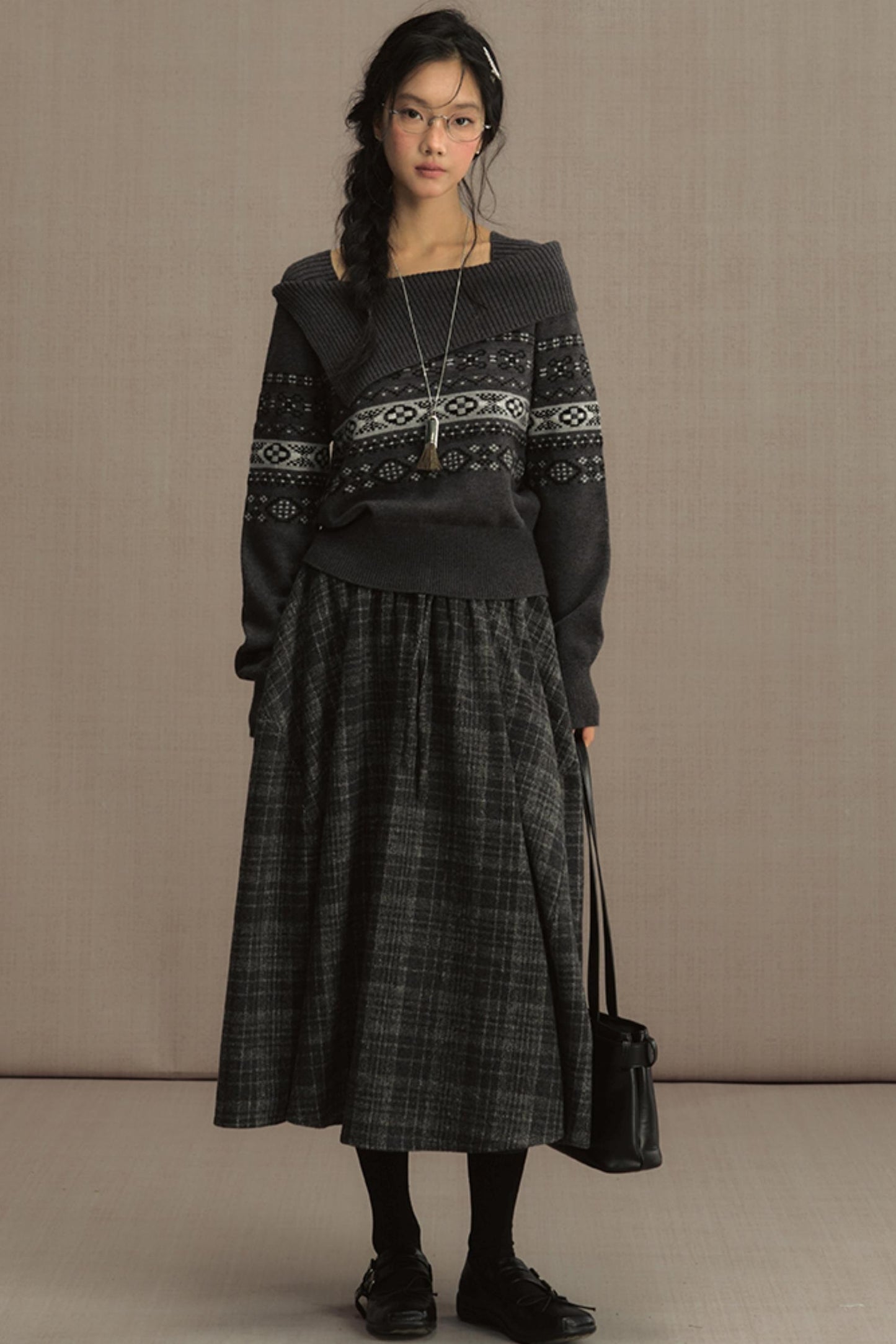High-Waisted Plaid Woolen A-Line Skirt