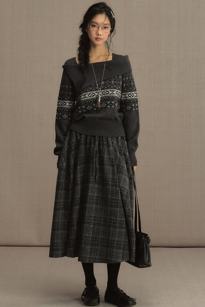 High-Waisted Plaid Woolen A-Line Skirt