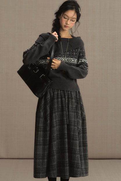 High-Waisted Plaid Woolen A-Line Skirt