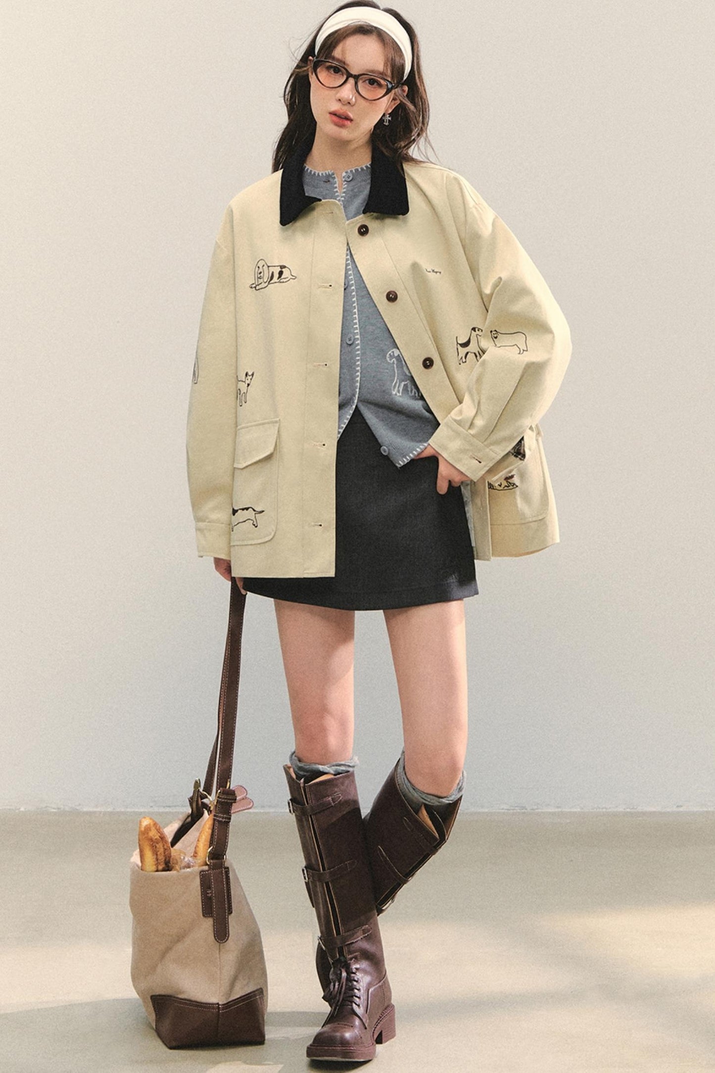 Vintage Puppy Embroidered Trench Coat