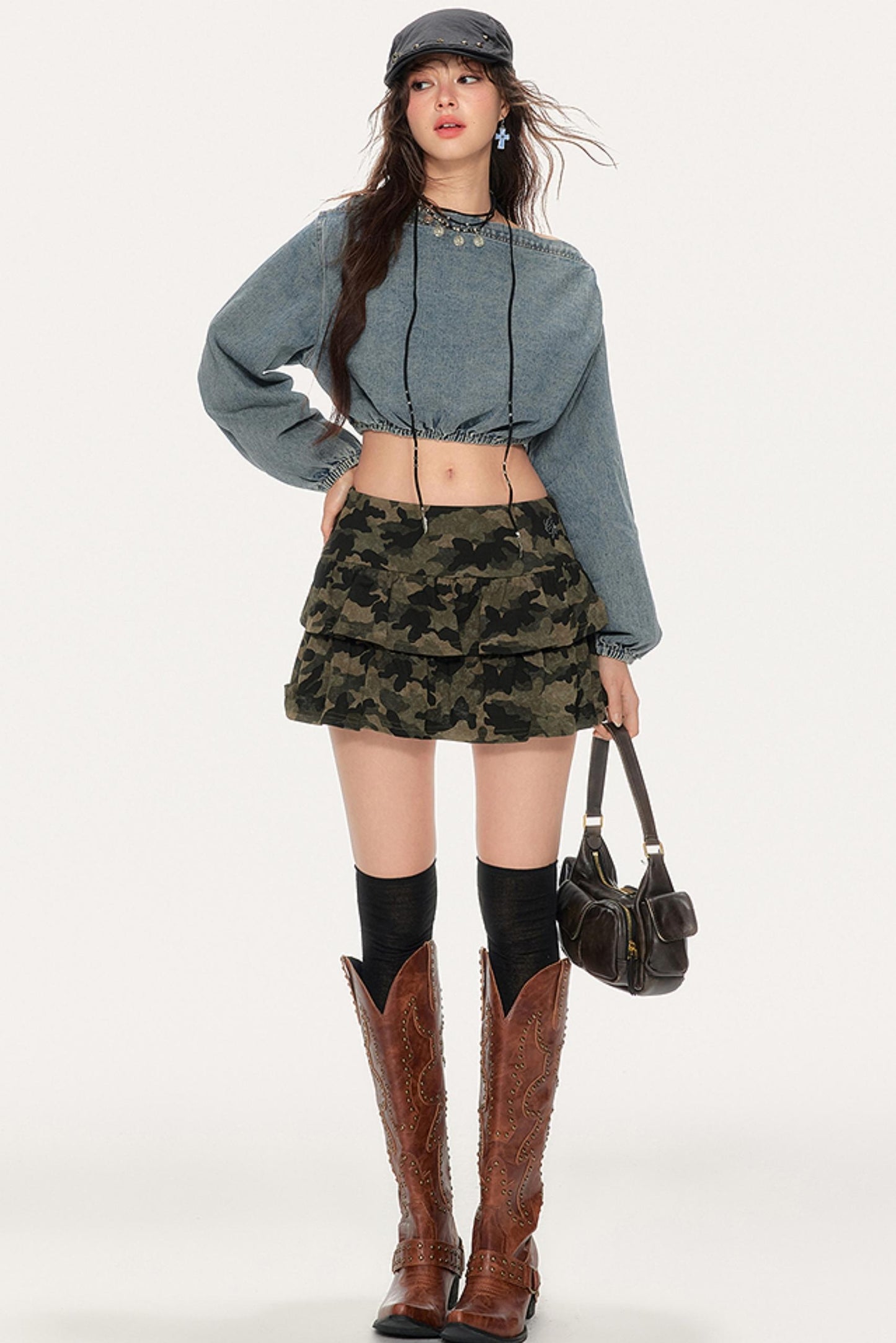 Asymmetrical Puff Sleeve Denim Pants Set