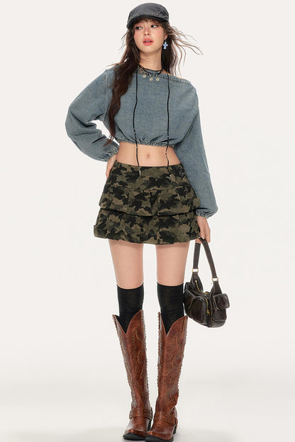 Asymmetrical Puff Sleeve Denim Pants Set