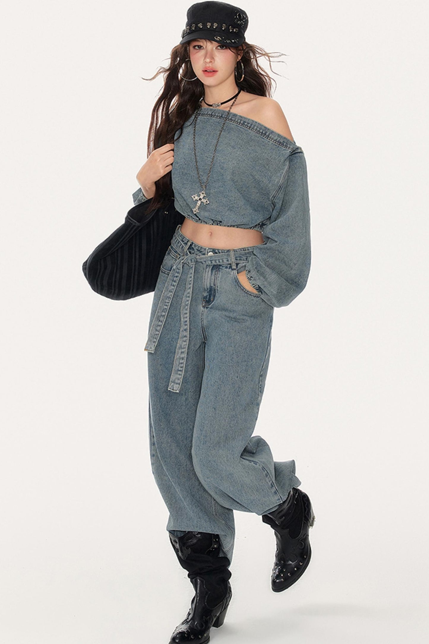 Asymmetrical Puff Sleeve Denim Pants Set