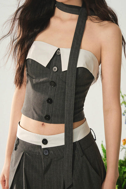 Color-Block Off-Shoulder Top Wide-Leg Pants Set