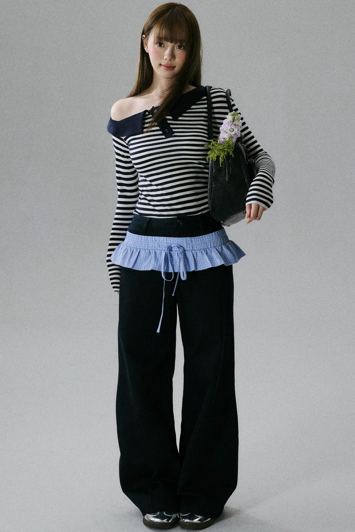 Blue Layered Ruffle Wide-Leg Pants