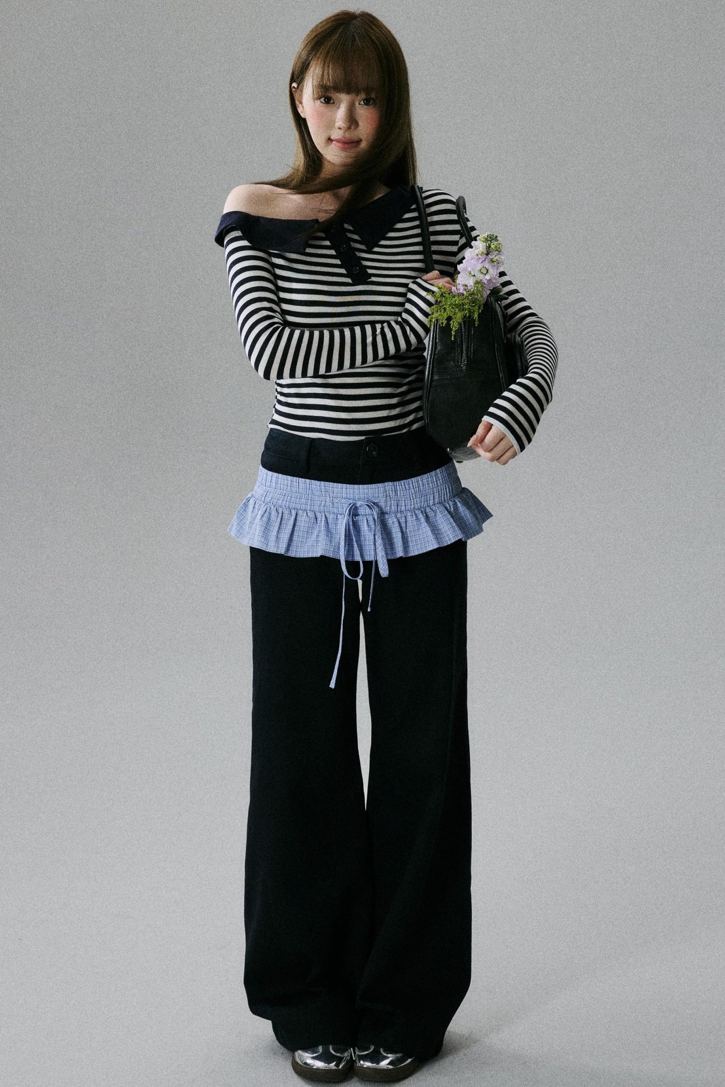 Blue Layered Ruffle Wide-Leg Pants