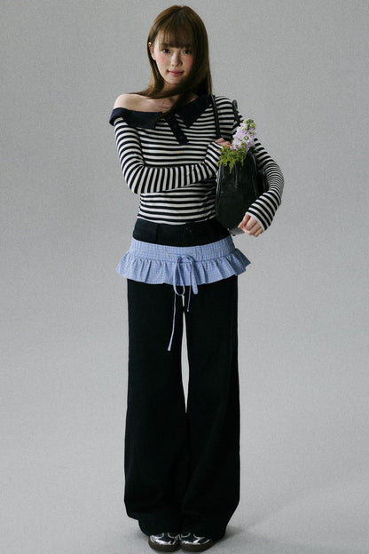 Blue Layered Ruffle Wide-Leg Pants